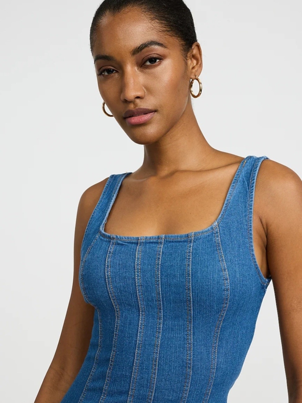 Express Stretch Denim Scoop Neck Seamed Midi Dress - Picture 2 of 4